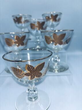 Vintage Libbey Gold Leaf Dessert Glasses Set of 6 Champagne Coupes 4" Tall